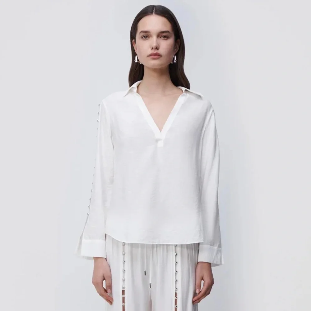 Jonathan Simkhai Stormy Beaded Ivory V-Neck Collar Long Sleeve Coverup Top NWT M - Picture 4 of 12